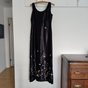 90's Asian inspired black sateen empire waist with floral design